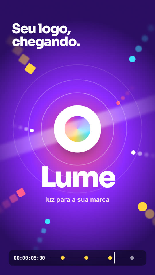 Quadro de exemplo: revelação do logo Lume com formas coloridas chegando ao centro