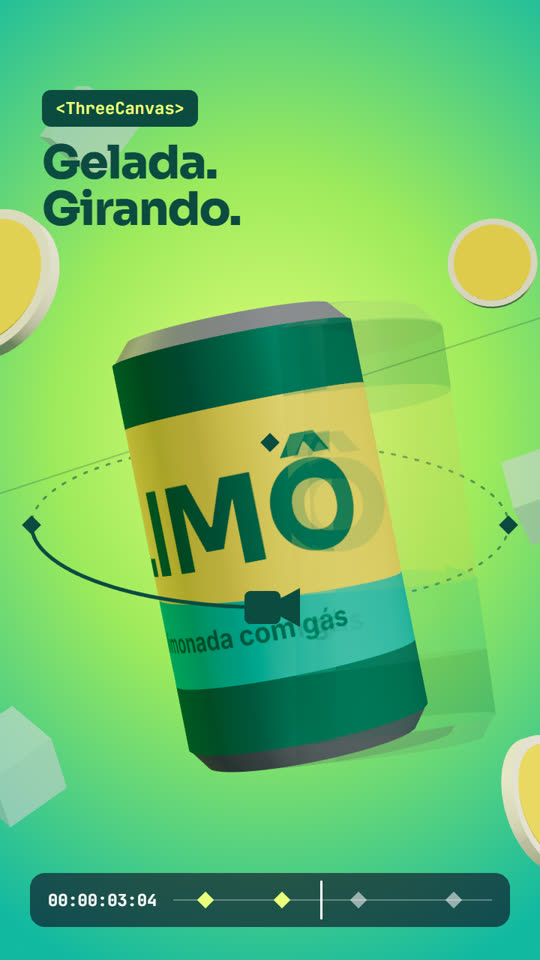 Quadro de exemplo: lata de limonada em 3D girando, com a trajetória da câmera desenhada em volta