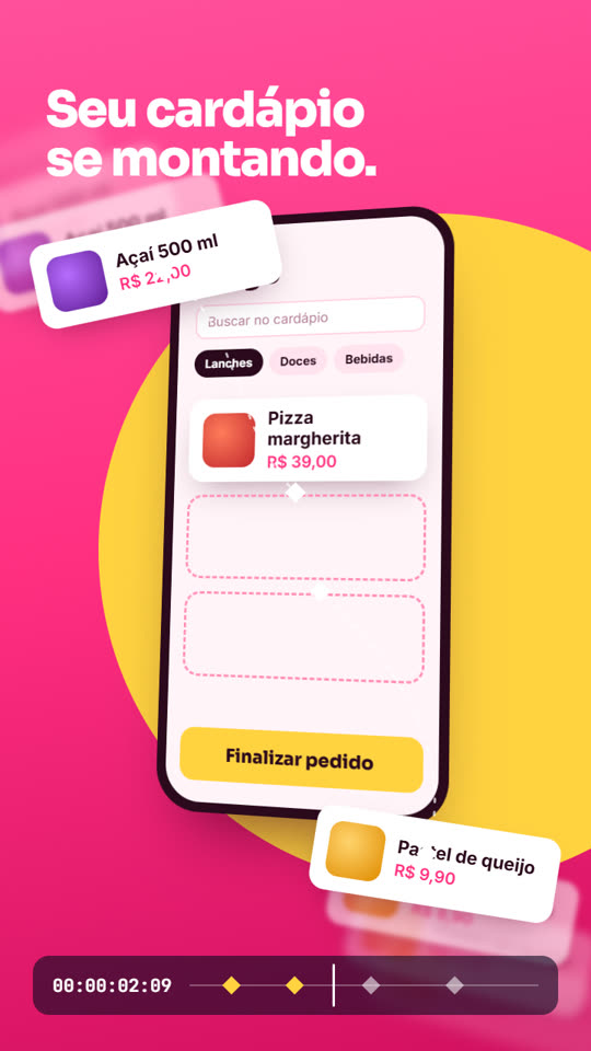 Quadro de exemplo: cardápio de aplicativo de delivery se montando no celular, com cartões voando para o lugar