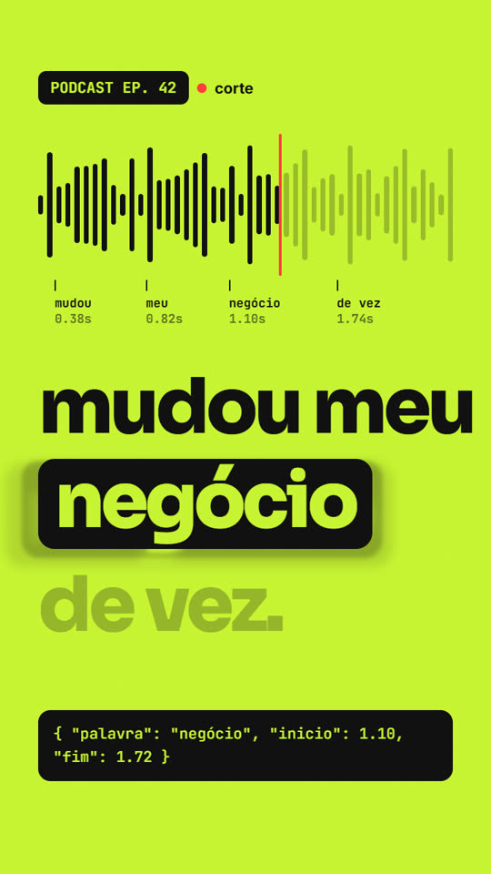 Quadro de exemplo: corte de podcast com a palavra negócio destacada no ritmo da fala