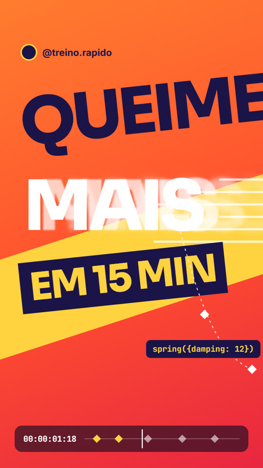 Quadro de exemplo: as palavras QUEIME MAIS EM 15 MIN entrando com rastro de movimento sobre fundo laranja